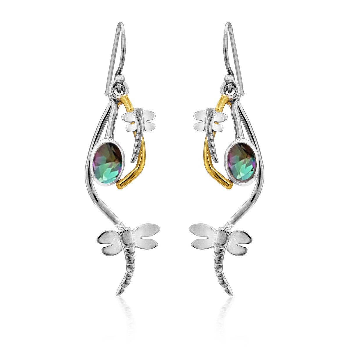 A pair of delicate Ripple Earrings in various gemstones by Gallardo & Blaine Designs, with a dragonfly theme, adorned with multi-colored gemstones and gold accents. The long, curving design showcases a dragonfly perched gracefully and a shimmering oval ge