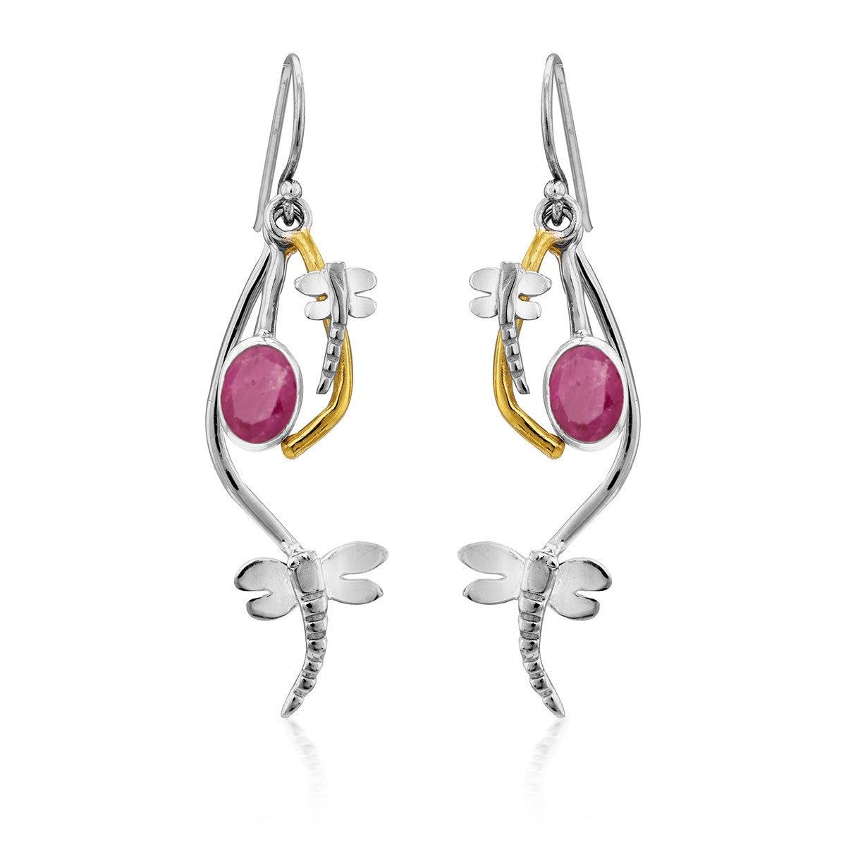 A pair of elegant, delicate Ripple Earrings in various gemstones featuring a dragonfly design. Each earring has a silver dragonfly with detailed wings, a curved silver accent, and a bright pink oval gemstone. A golden accent links the dragonfly to the hoo