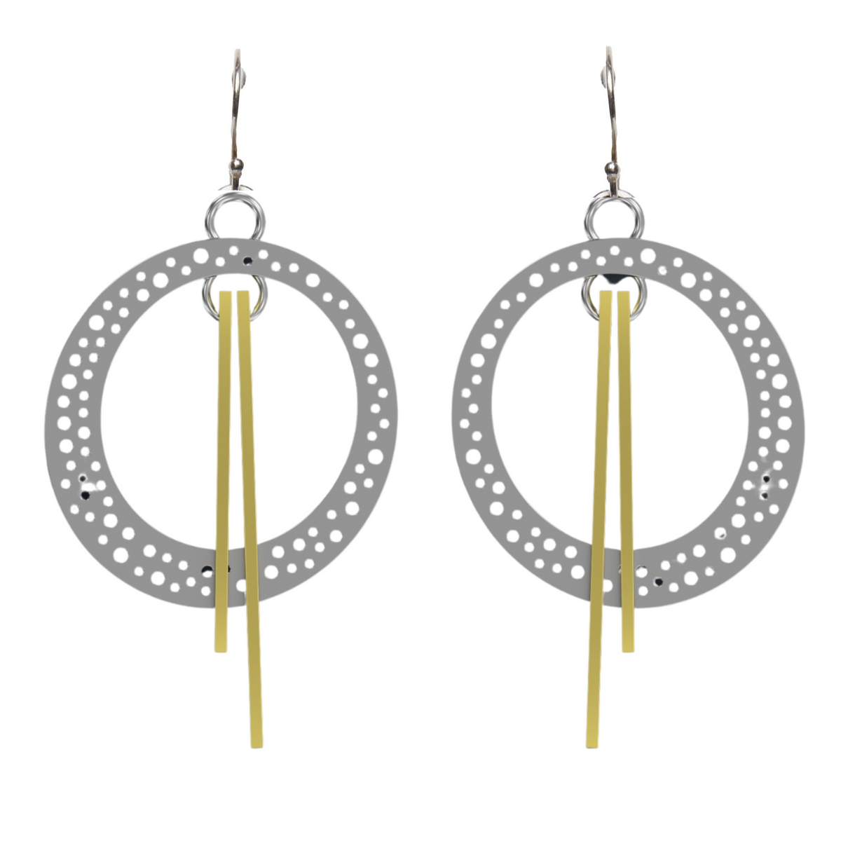 The Rivera Earrings by Gallardo & Blaine Designs feature modern Art Deco-inspired dangle earrings with large sterling silver circles, cut-out holes, and two gold bars hanging from each earring. Available in various colours.