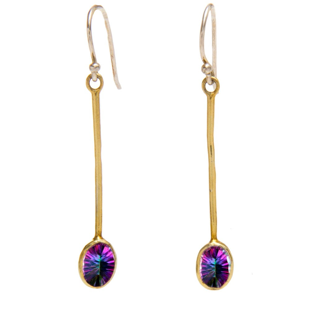 The Sequola Earrings in various gemstones from Gallardo & Blaine Designs are a stunning pair of gold drop earrings featuring long, thin stems adorned with colorful, iridescent gemstones at the end. These gemstone dangle earrings display a spectrum of purp