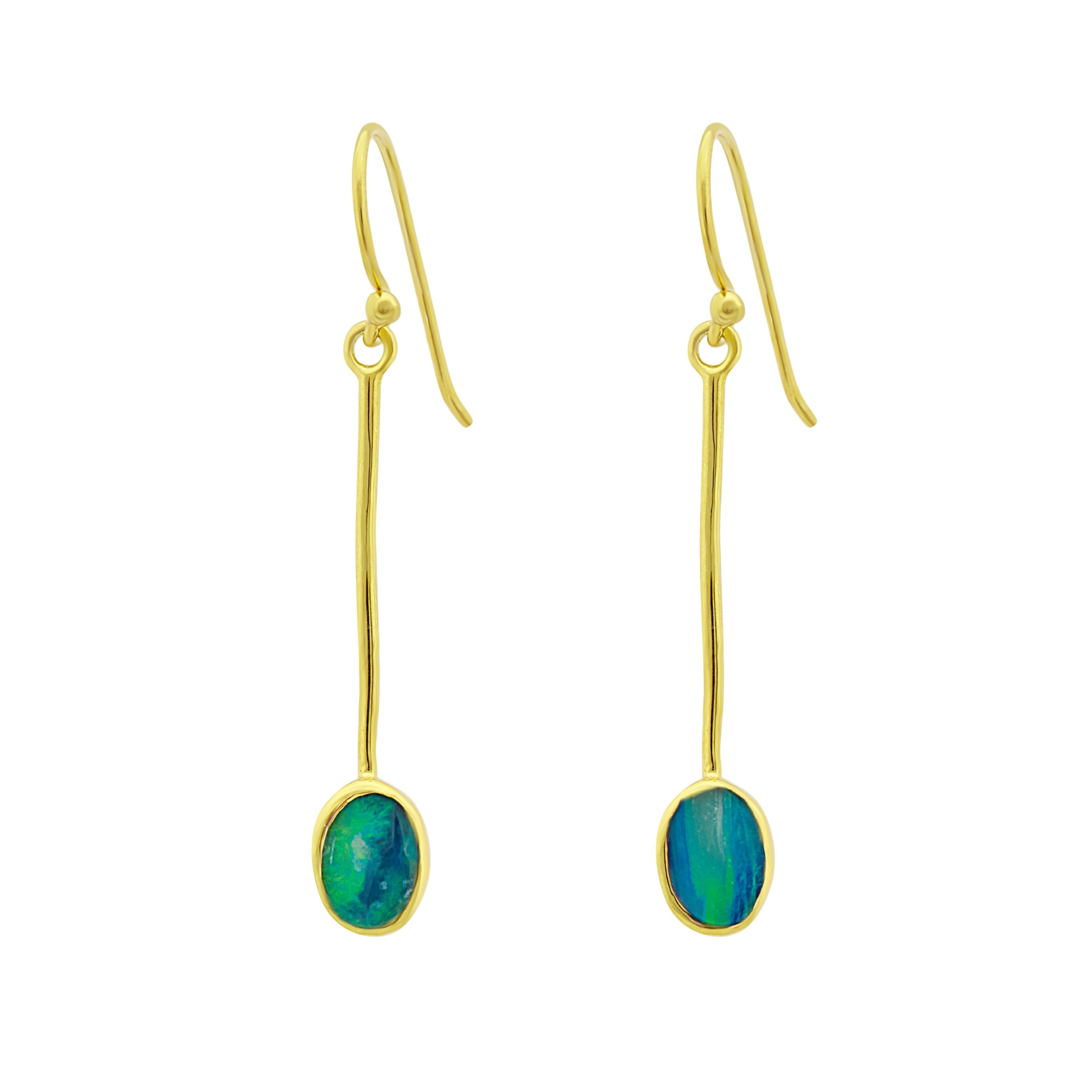 The Sequola Earrings in various gemstones by Gallardo & Blaine Designs feature sterling silver elongated, curved hooks leading to long, straight bars ending with oval-shaped blue-green opal stones set in gold. These gemstone dangle earrings boast a minima