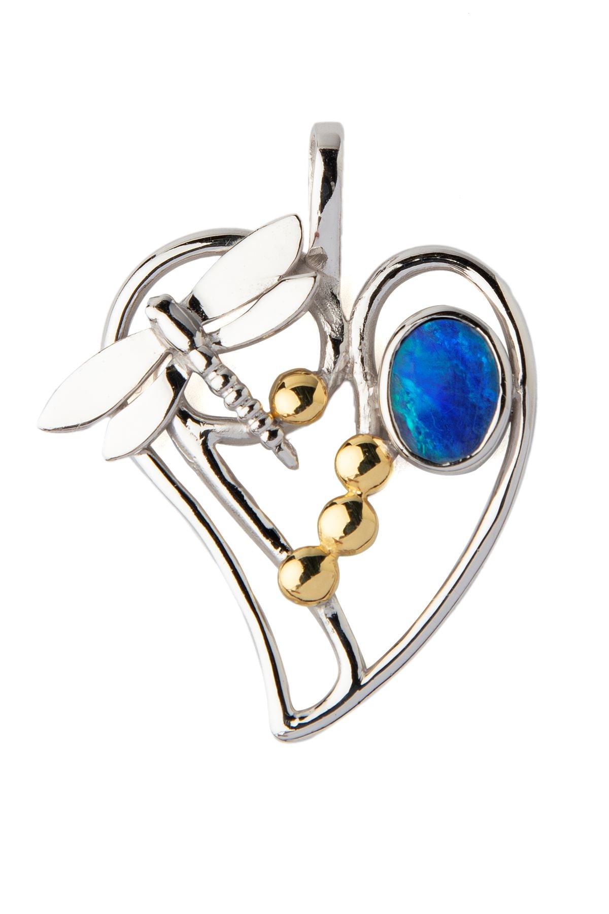 The Heart Dragonfly Pendant Small by Gallardo & Blaine Designs features a silver heart and dragonfly design, accented with three gold beads and an oval blue opal for a vibrant touch.