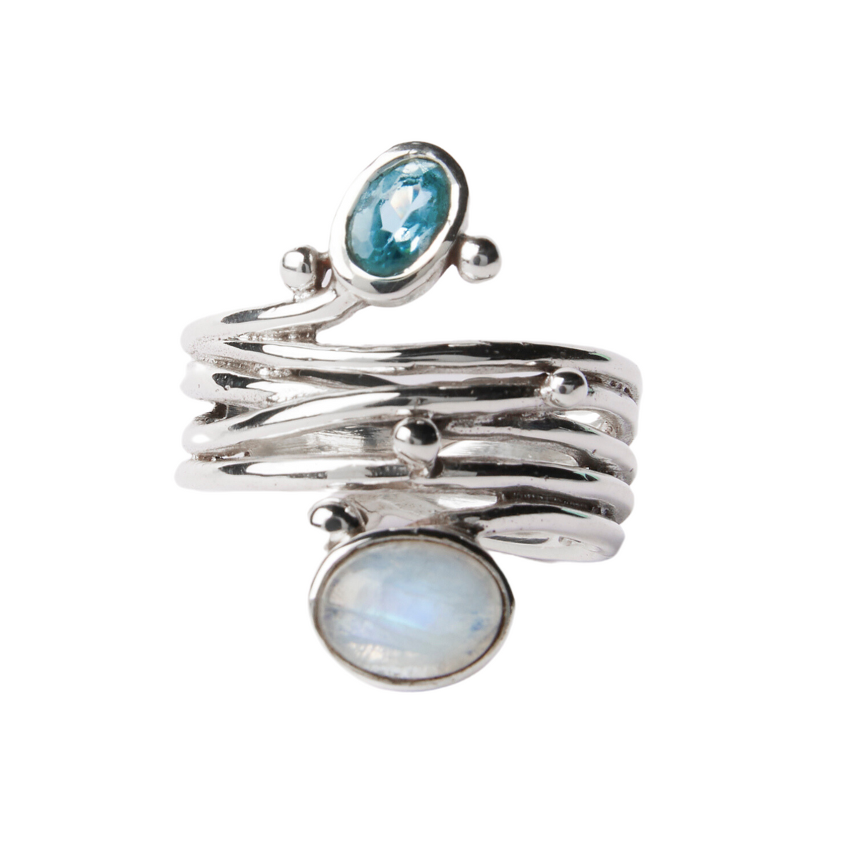 A Snake Ring in Silver Gold & various gemstones by Gallardo & Blaine Designs with a unique, multi-band design features two gemstones: an oval, translucent blue gemstone at the top and a larger, oval, iridescent stone at the bottom. Small silver accents em