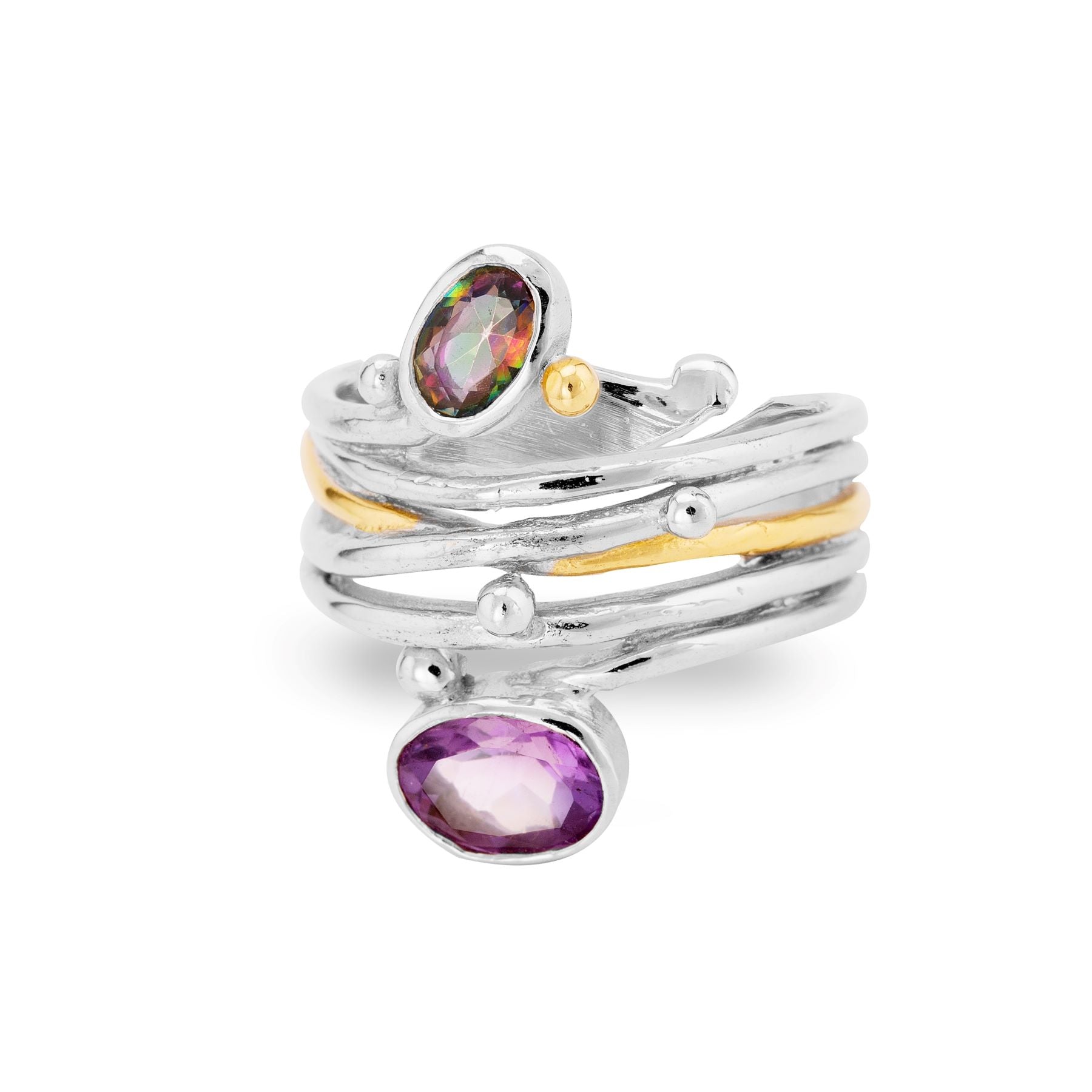 A unique Gallardo & Blaine Designs Snake Ring in Silver Gold & various gemstones featuring a multi-band design in silver and gold tones, adorned with two oval gemstones. The upper gemstone is multicolored, and the lower one is purple. Small silver beads a