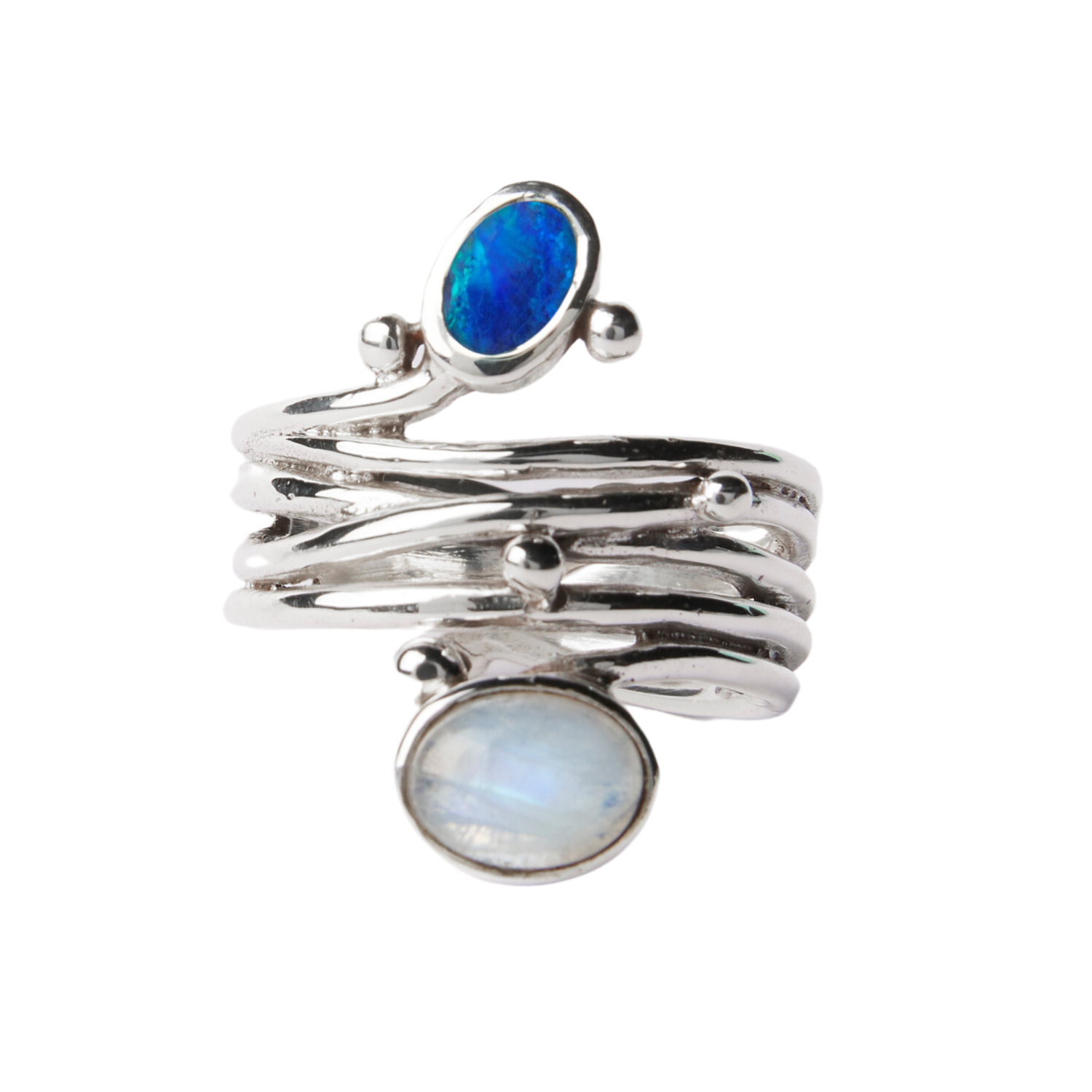 A Snake Ring in Silver Gold & various gemstones by Gallardo & Blaine Designs features a unique design with multiple parallel bands and is adorned with two gemstones. One gemstone is an oval blue opal, and the other is an oval moonstone with a soft, milky 
