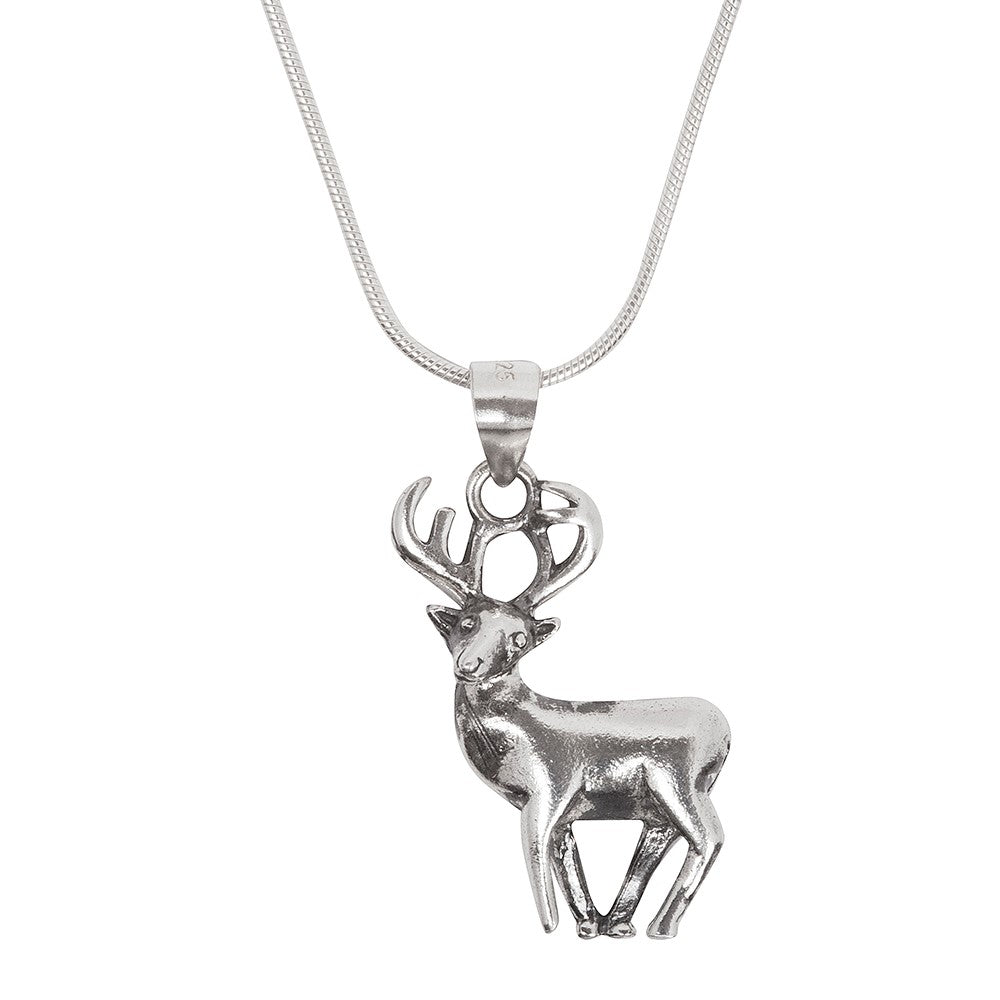 The Watermelon Tropical Wildlife Pendant - Stag With Chain is a silver necklace featuring a standing deer with detailed antlers, perfect for nature lovers seeking elegant jewelry.