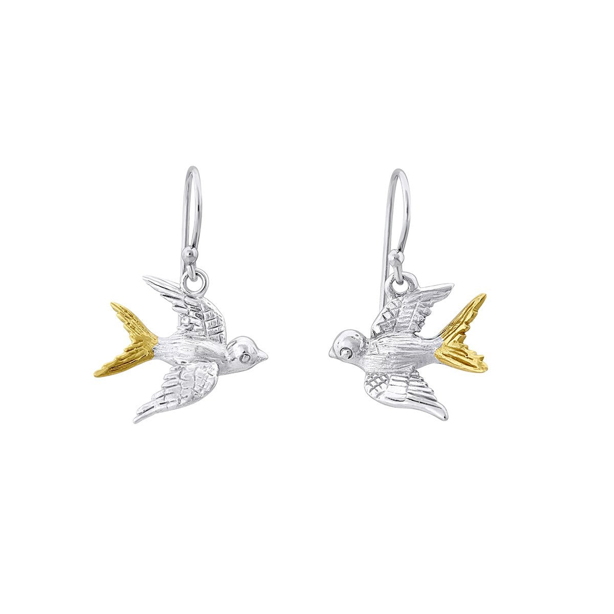 Watermelon Tropical’s Wildlife Swallow Dangle Earrings (Silver or Gold) feature birds in flight with gold-accented tails and wingtips, and easy-to-wear hooks—an ideal gift for nature lovers.