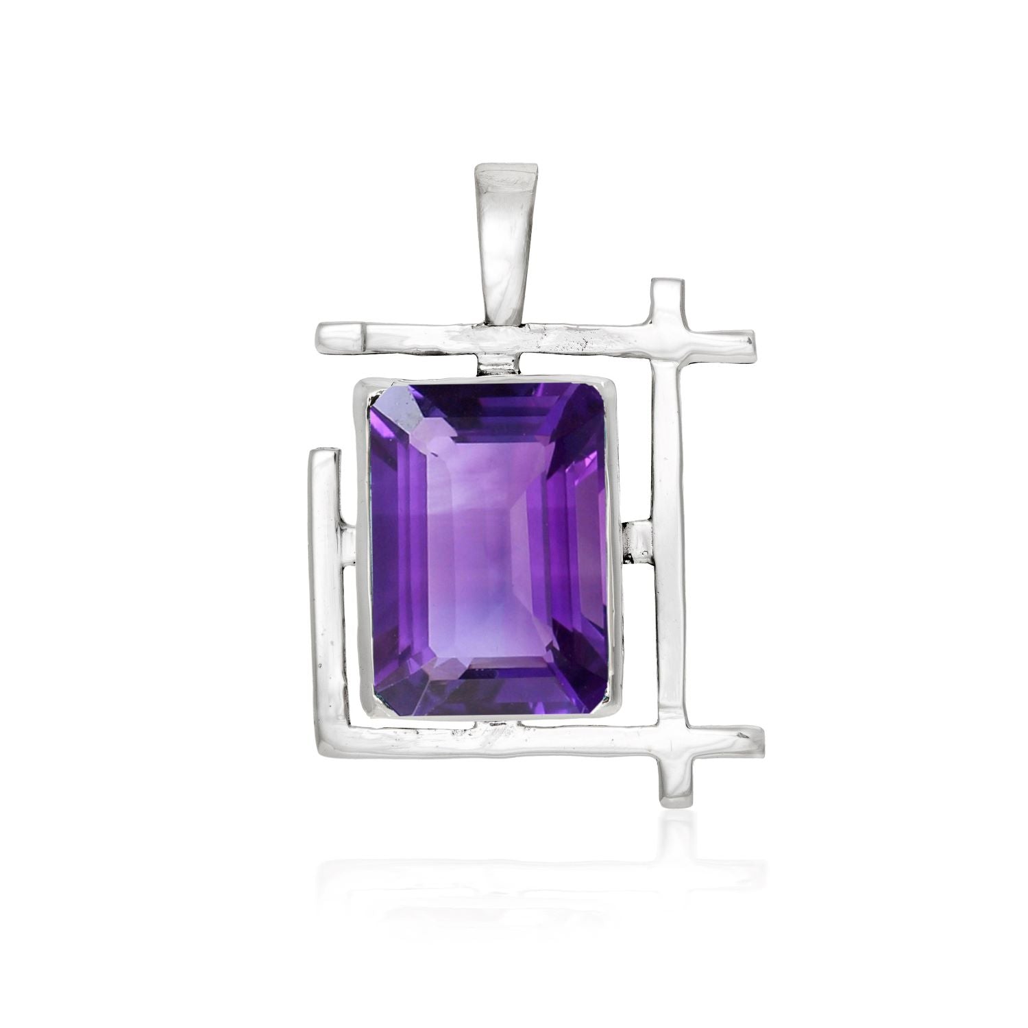A rectangular Art Deco Pendant in various gemstones by Gallardo & Blaine Designs with a sterling silver frame featuring a large, faceted, rectangular amethyst gemstone in the center. The pendant has a simple, modern design with clean lines and a purple ge