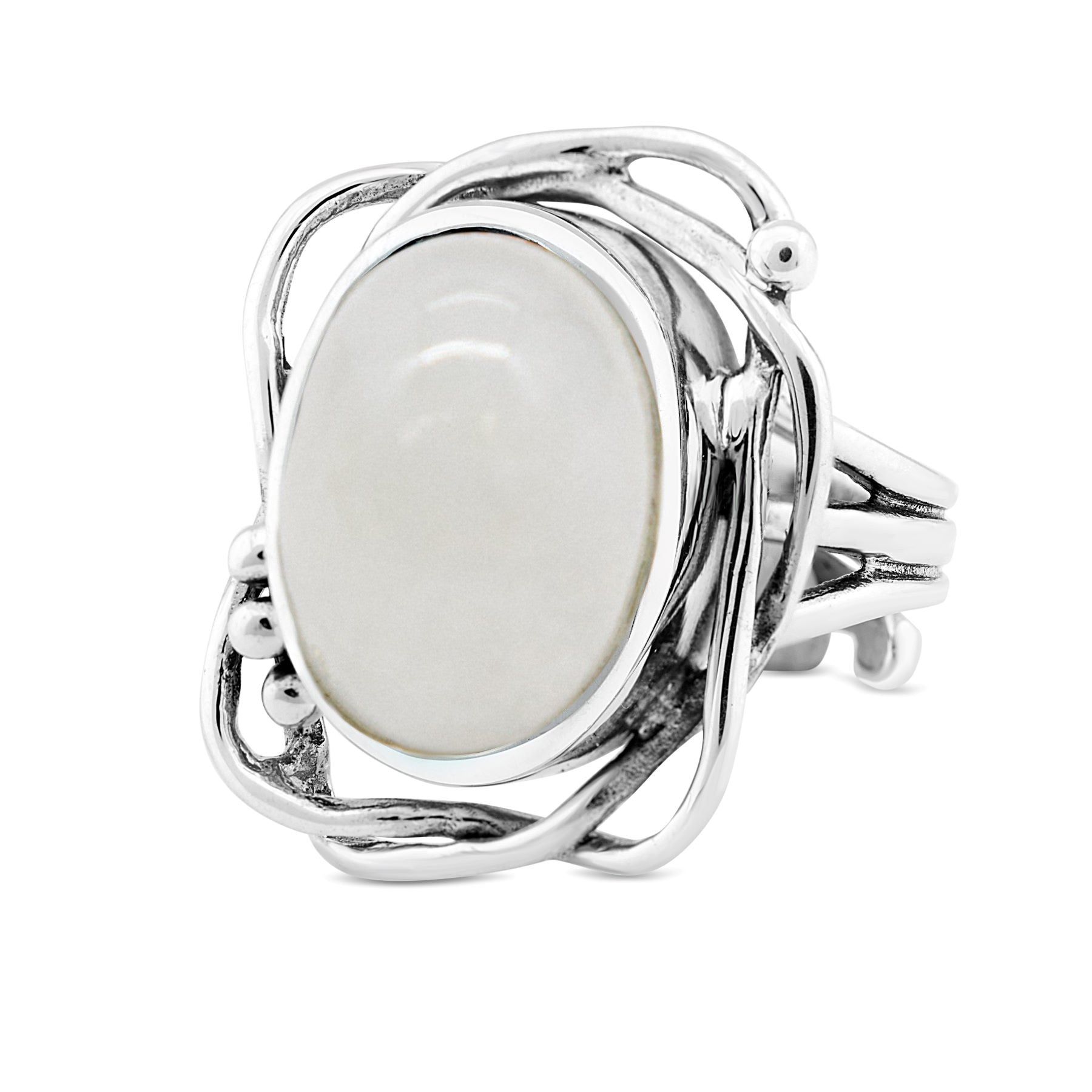 The Whirlpool Ring by Gallardo & Blaine Designs features an abstract wavy silver band and a large smooth oval gemstone centerpiece, available in various stones.