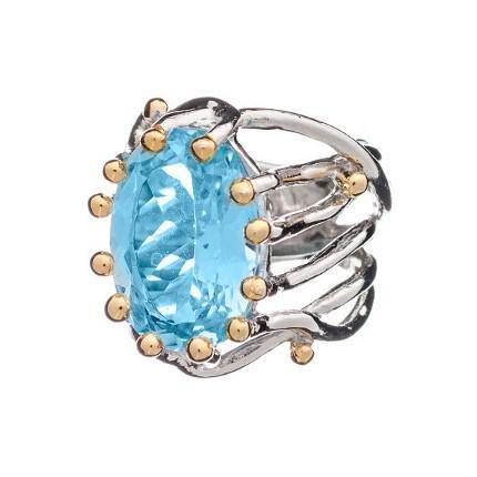 The Willow Ring in various gemstones by Gallardo & Blaine Designs features a large, faceted oval blue gemstone at its center, held by multiple gold prongs on an intricate silver band. This modern and elegant adjustable ring is perfect as a chunky statemen