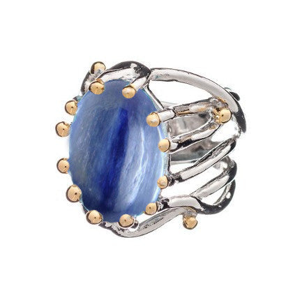 An oval-shaped blue gemstone adjustable ring with a polished silver band featuring an intricate, openwork design. Small gold beads accent the edges of the gemstone, enhancing the overall elegance and sophistication of this Willow Ring in various gemstones