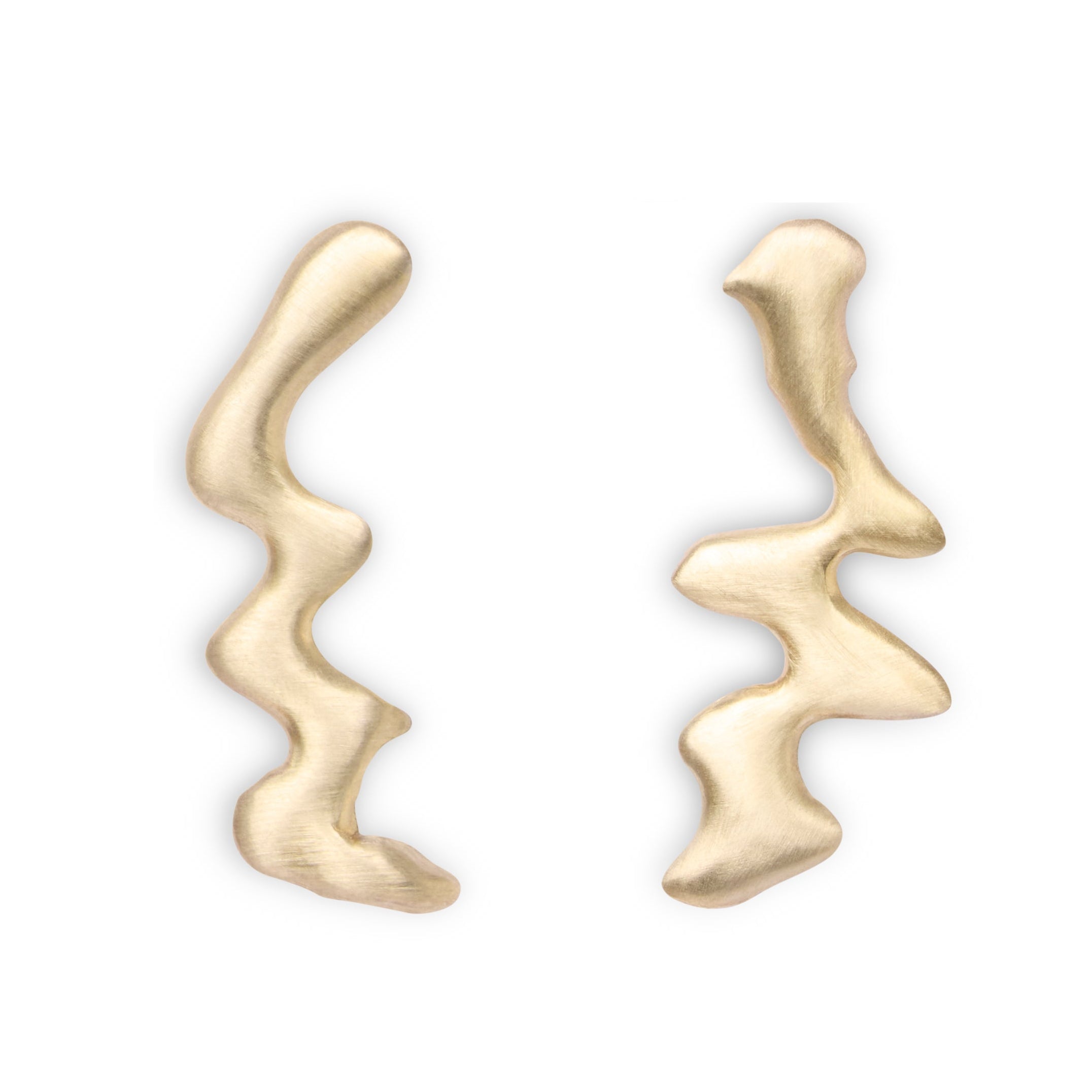 Blaze Studs by Madeleine Sculptural Jewellery: abstract, wavy gold-toned earrings with an organic, irregular shape, crafted from recycled brass and shown on a white background.