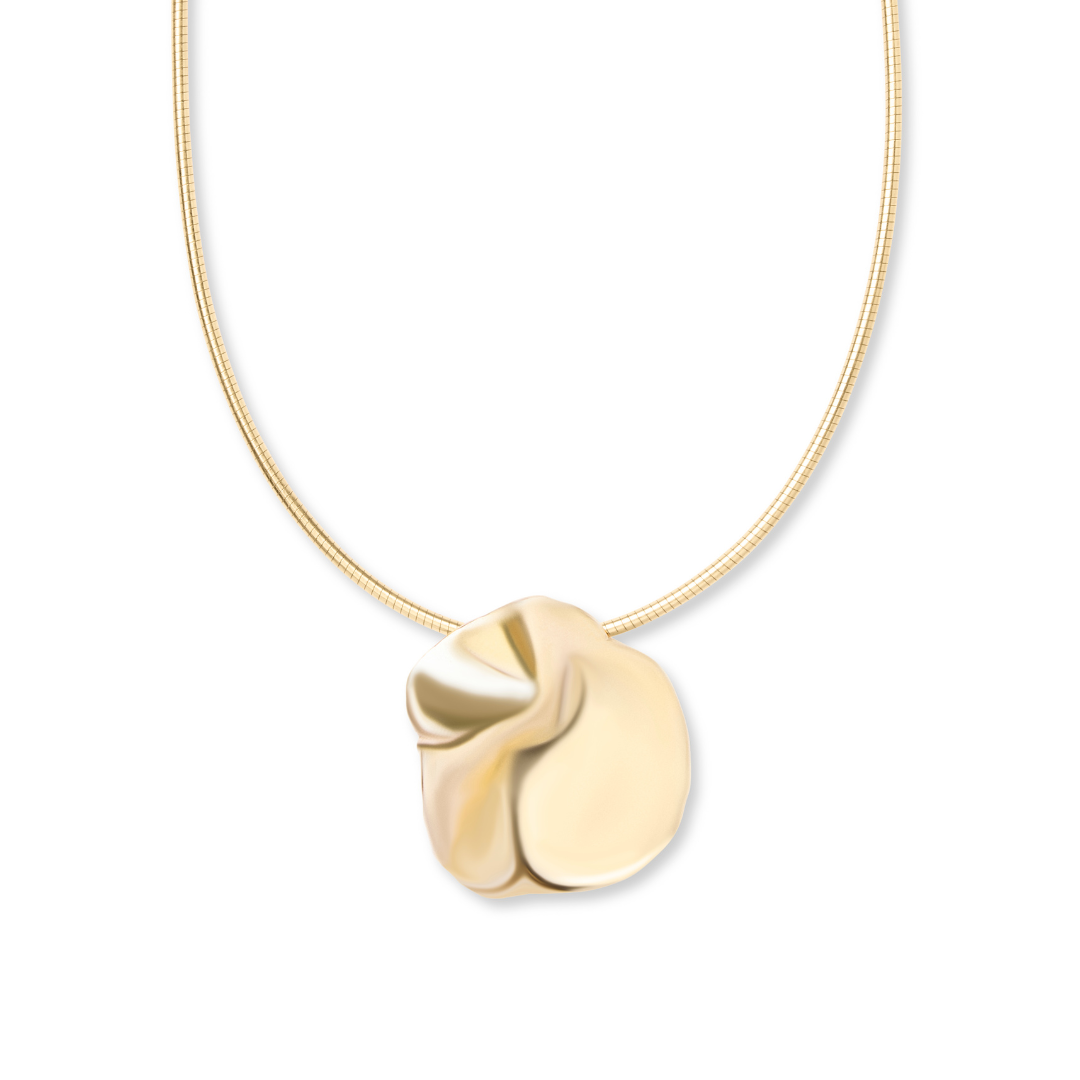 The Tide Necklace by Madeleine Sculptural Jewellery features organic gold lines forming a smooth, abstract, flower-like pendant on a delicate rounded chain, displayed against a white background.