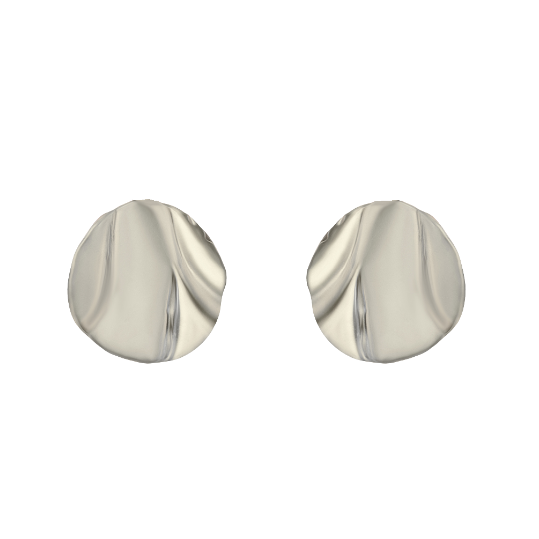 Discover the Tide Studs Large by Madeleine Blaine—a pair of round, silver earrings featuring a wavy, organic texture inspired by the Irish coastline. The smooth, slightly reflective surface lends this hand-carved jewelry a modern, minimalist appeal.