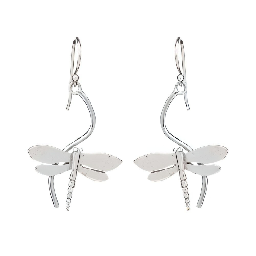 Wildlife Juniper Earrings by Watermelon Tropical—elegant dragonfly earrings in silver or gold, detailed wings and tails, gracefully hanging from curved hooks—a perfect gift for nature lovers.